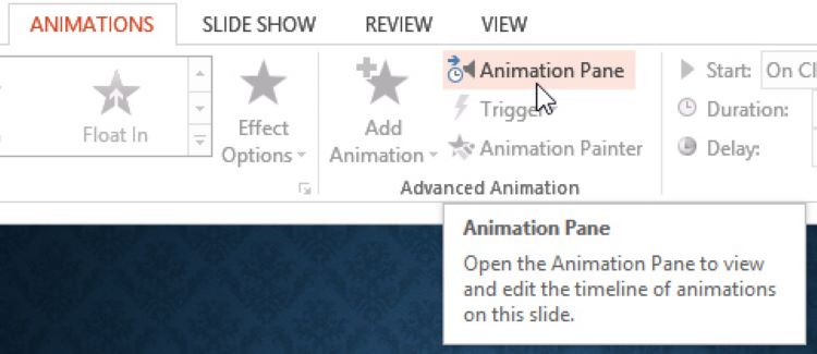 Vị trí của Animation Pane nằm trên thanh công cụ Ribbon
