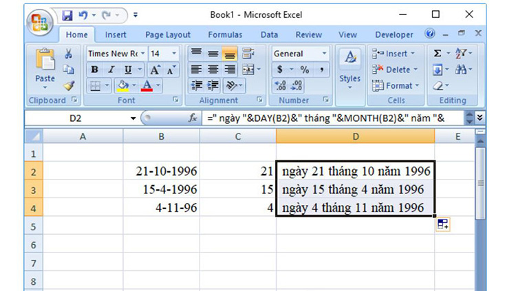 Chuyển ngày, tháng, năm từ số sang chữ Excel